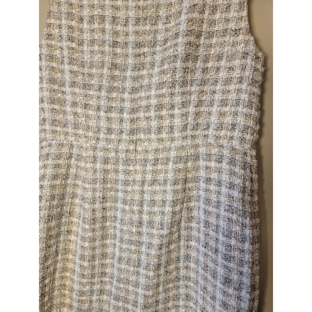Ann Taylor Tweed Check Sheath Dress Beige White Fringe‎ Zip Scoop Neck Size 10 - Picture 7 of 7